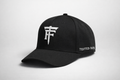 Black cap with white logo and text on a light gray background